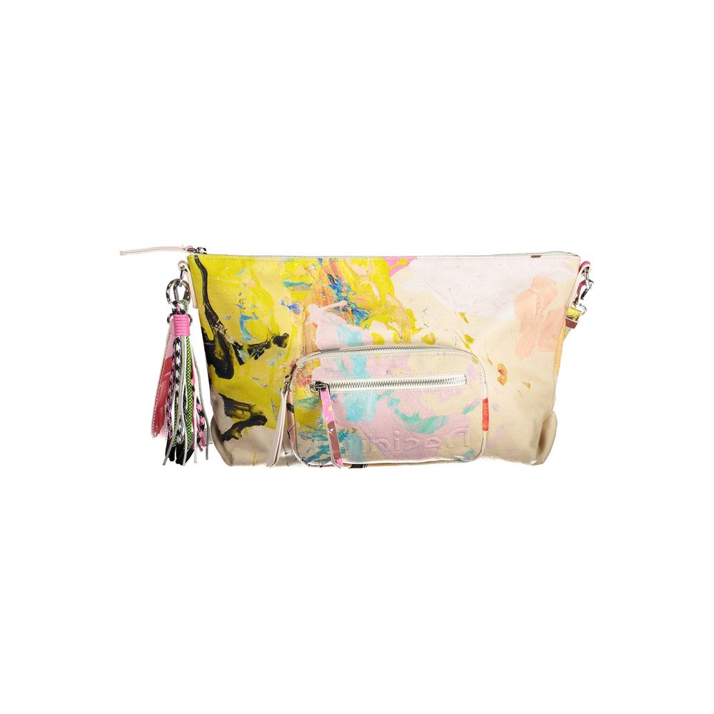 Desigual White Polyester Women Handbag with colorful design, featuring tassels and external pockets, ideal for stylish and practical use.