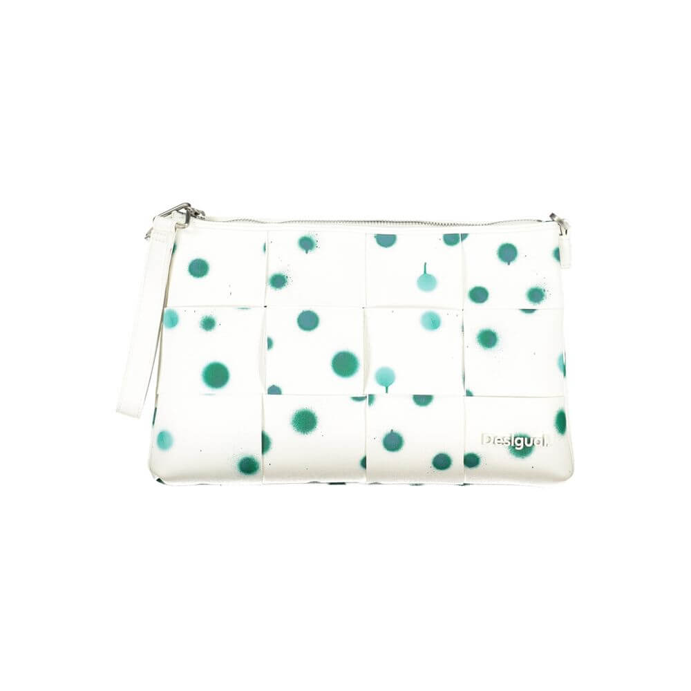 Desigual White Polyethylene Handbag with polka dots, removable chain handle, adjustable strap, two compartments, and logo detail.