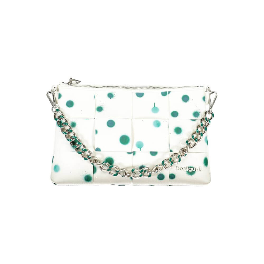Desigual White Polyethylene Handbag with polka dots, chain shoulder handle, removable strap, and multiple compartments.