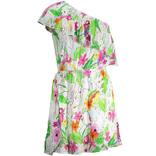 Desigual White Viscose Women Dress with floral one-shoulder design and elastic waist, perfect for modern feminine style.