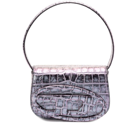 Diesel 1DR Tote Bag in blue crocodile embossing with detachable strap, foldover top, and single handle, 1DR leather shoulder bag.