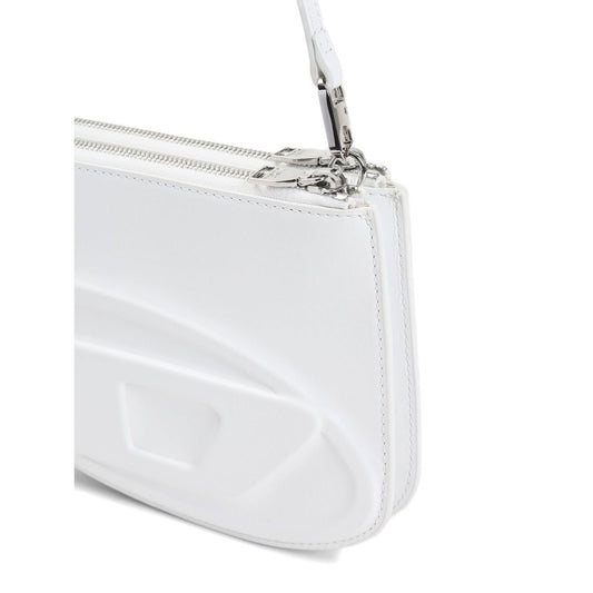 Diesel 1DR Twin shoulder bag in white with top zip fastening and detachable strap, featuring elegant leather texture.