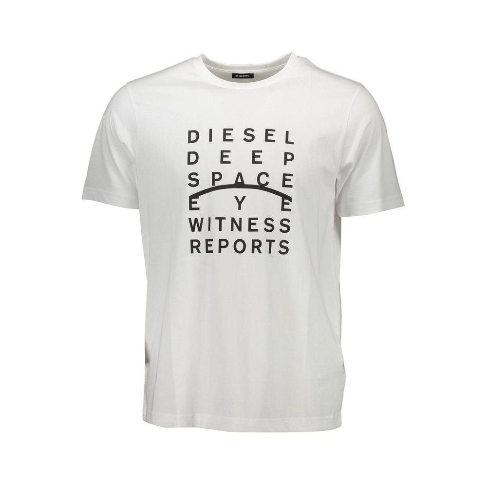 Diesel White Cotton Men T-Shirt with bold print featuring Diesel logo, stylish and comfortable for casual wear.