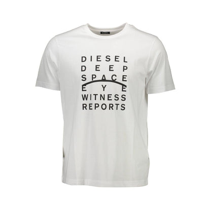 Diesel White Cotton Men T-Shirt with bold print featuring Diesel logo, stylish and comfortable for casual wear.