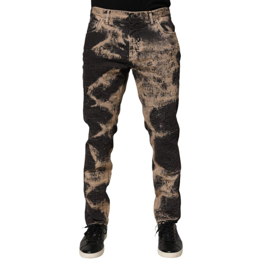 Dolce & Gabbana Beige Black Corduroy Tie-Dye Cotton Blend Pants for men's fashion with casual streetwear appeal.