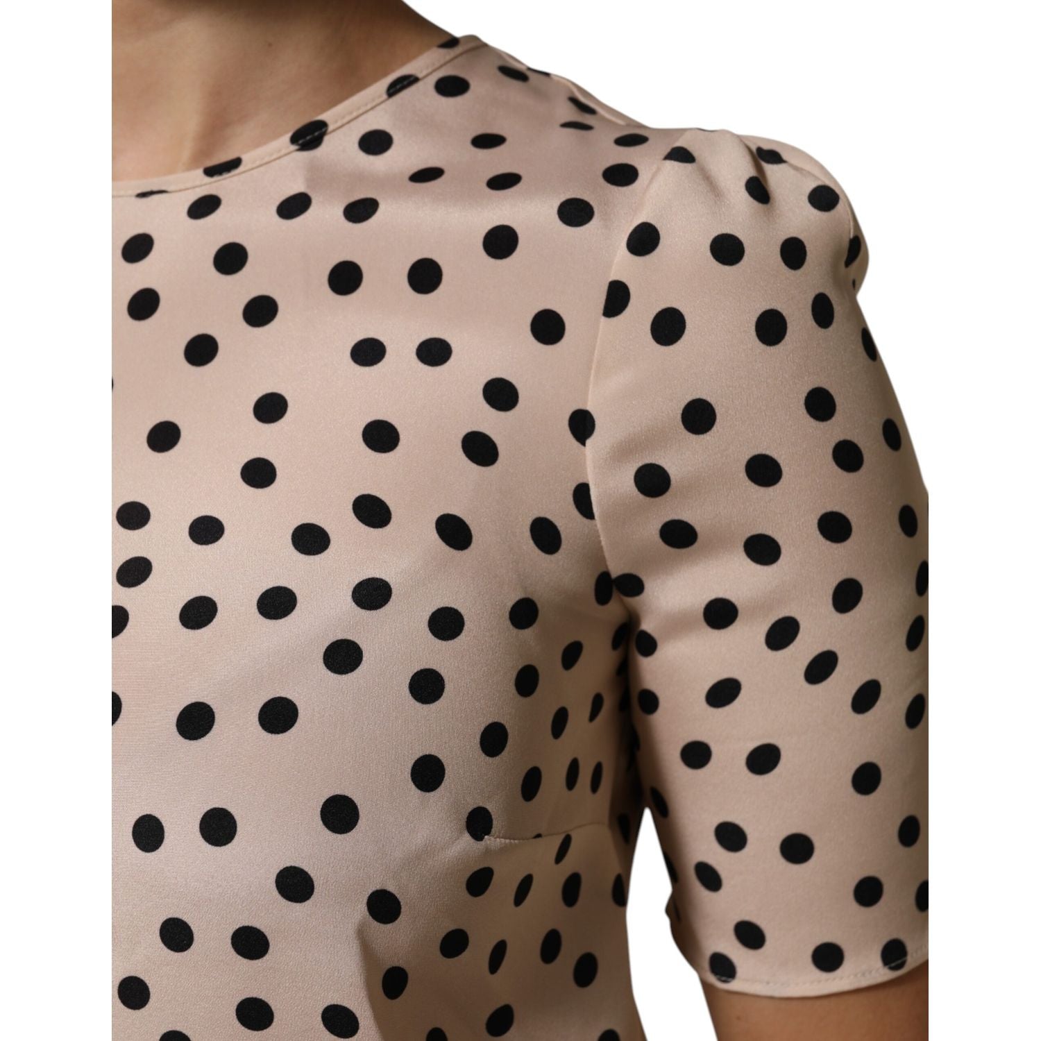 Dolce & Gabbana Beige Black Polka Dot Silk Short Sleeve Blouse Top