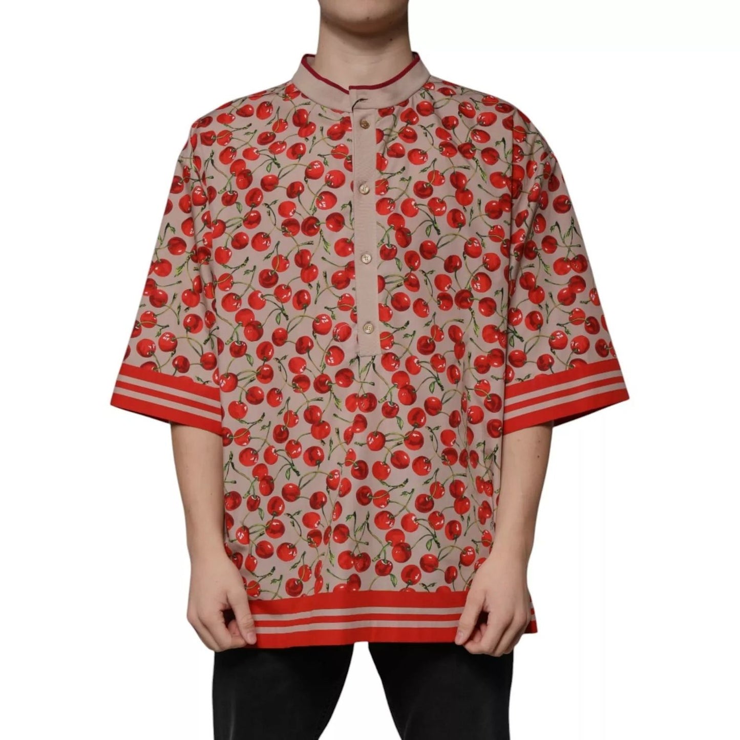 Dolce & Gabbana Beige Cherry Nylon Buttoned Casual Shirt Dolce & Gabbana