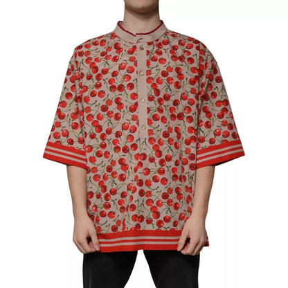 Dolce & Gabbana Beige Cherry Nylon Buttoned Casual Shirt Dolce & Gabbana