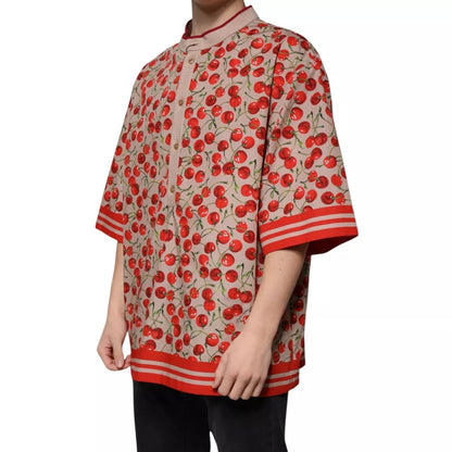 Dolce & Gabbana Beige Cherry Nylon Buttoned Casual Shirt Dolce & Gabbana