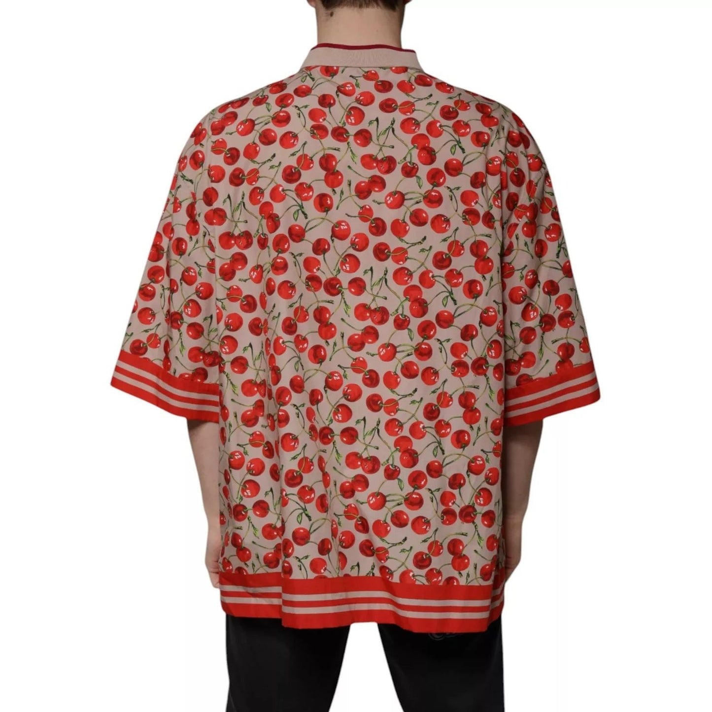 Dolce & Gabbana Beige Cherry Nylon Buttoned Casual Shirt Dolce & Gabbana