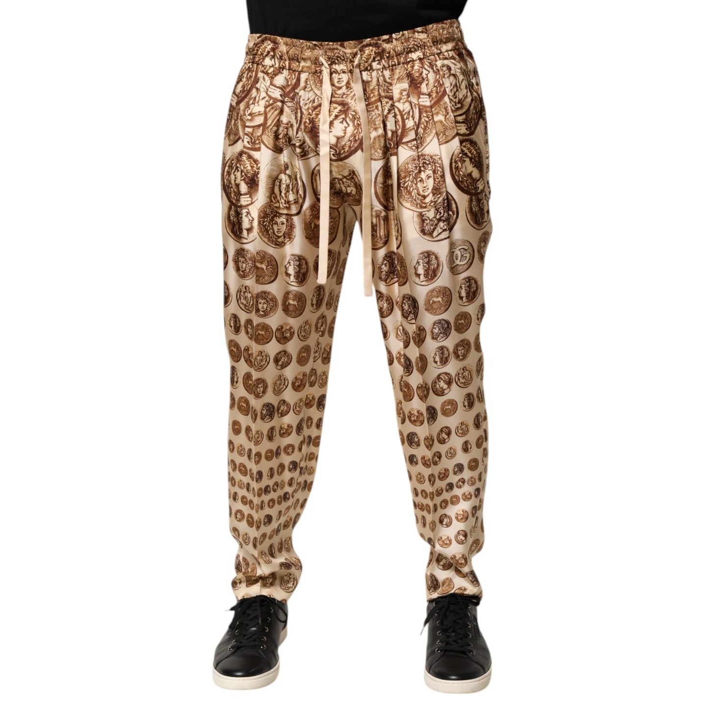 Dolce & Gabbana Beige Coin Print Silk Twill Men Jogger Pants Dolce & Gabbana
