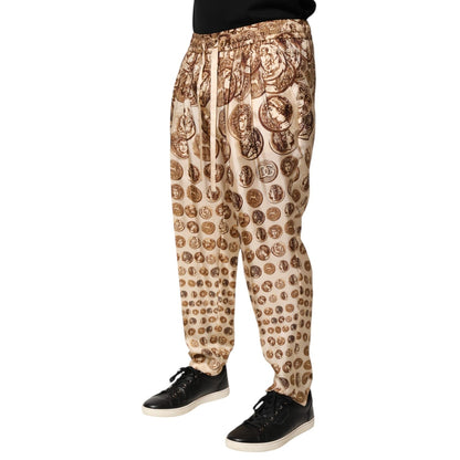 Dolce & Gabbana Beige Coin Print Silk Twill Men Jogger Pants Dolce & Gabbana