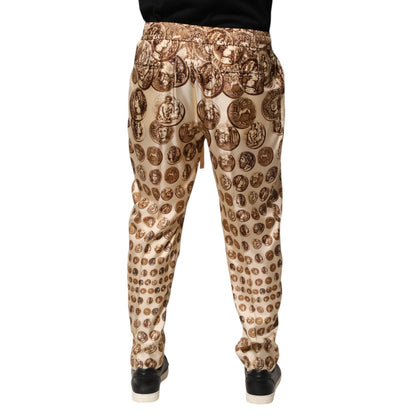 Dolce & Gabbana Beige Coin Print Silk Twill Men Jogger Pants Dolce & Gabbana