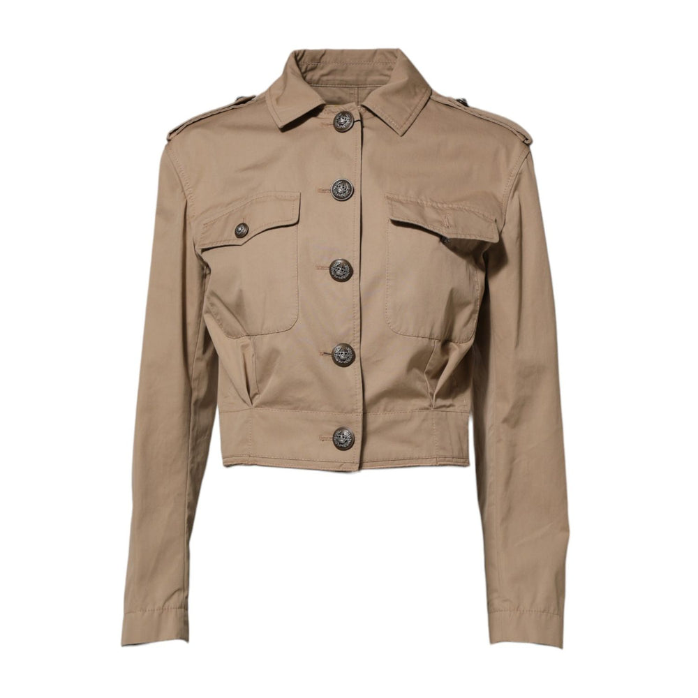 Dolce & Gabbana Beige Cotton Button Up Fitted Cropped Jacket featuring long sleeves and tailored design.