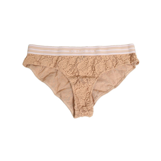 Dolce & Gabbana Beige Lace Nylon High Waist Panty Underwear with logo detail, crafted in Italy, showcasing elegant design.