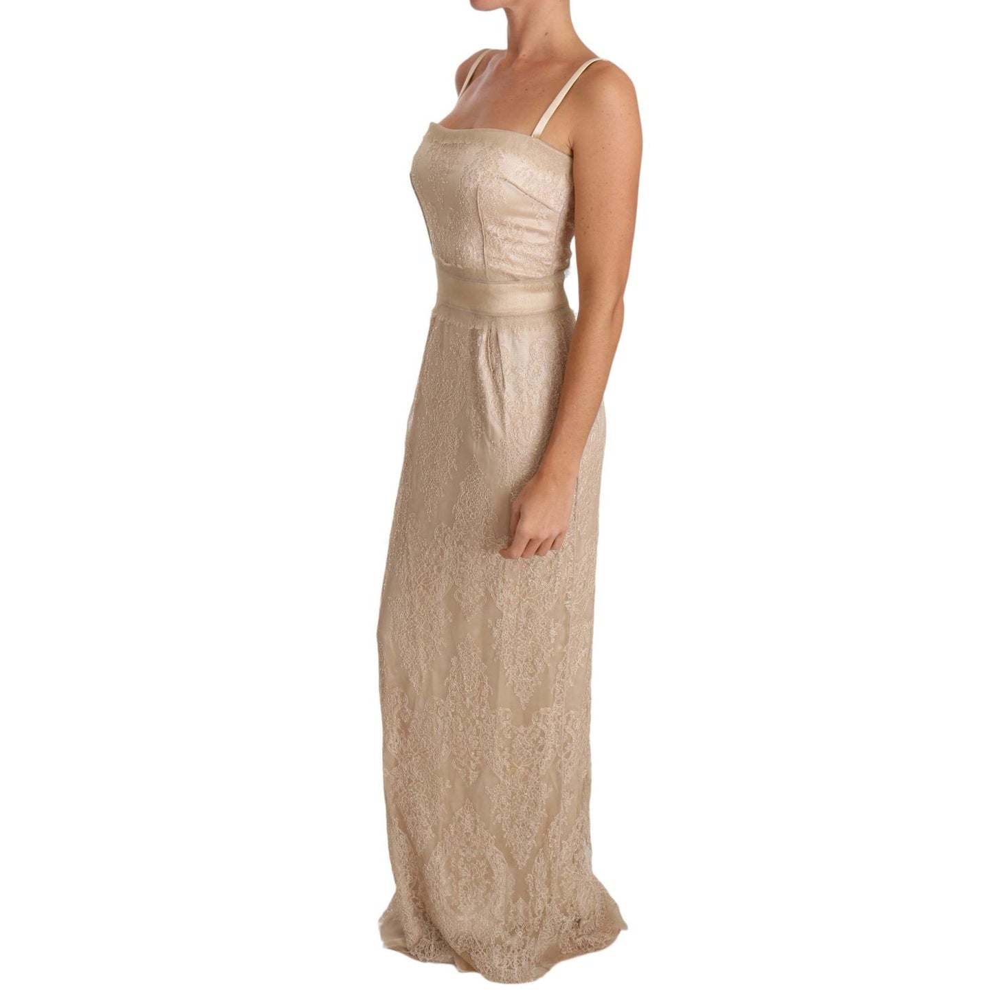 Dolce & Gabbana Beige Lace Spaghetti Strap Sheath Dress, floor-length design showcasing elegant craftsmanship.