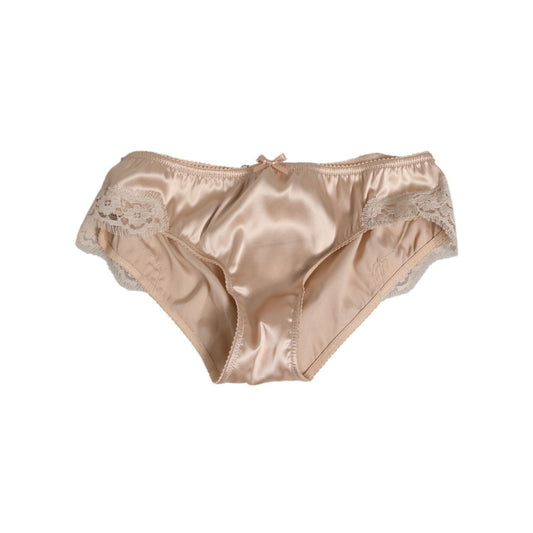 Dolce & Gabbana Beige Silk Satin Floral Lace Panty Brief Underwear with lace trim and logo details, made in Italy.
