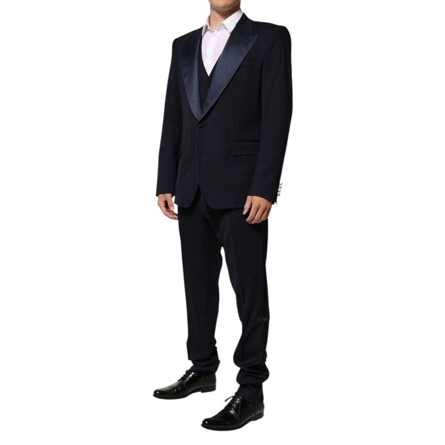 Dolce & Gabbana Black 3 Piece Wool Silk Blend Suit SICILIA with satin peak lapels, perfect for formal events and weddings.