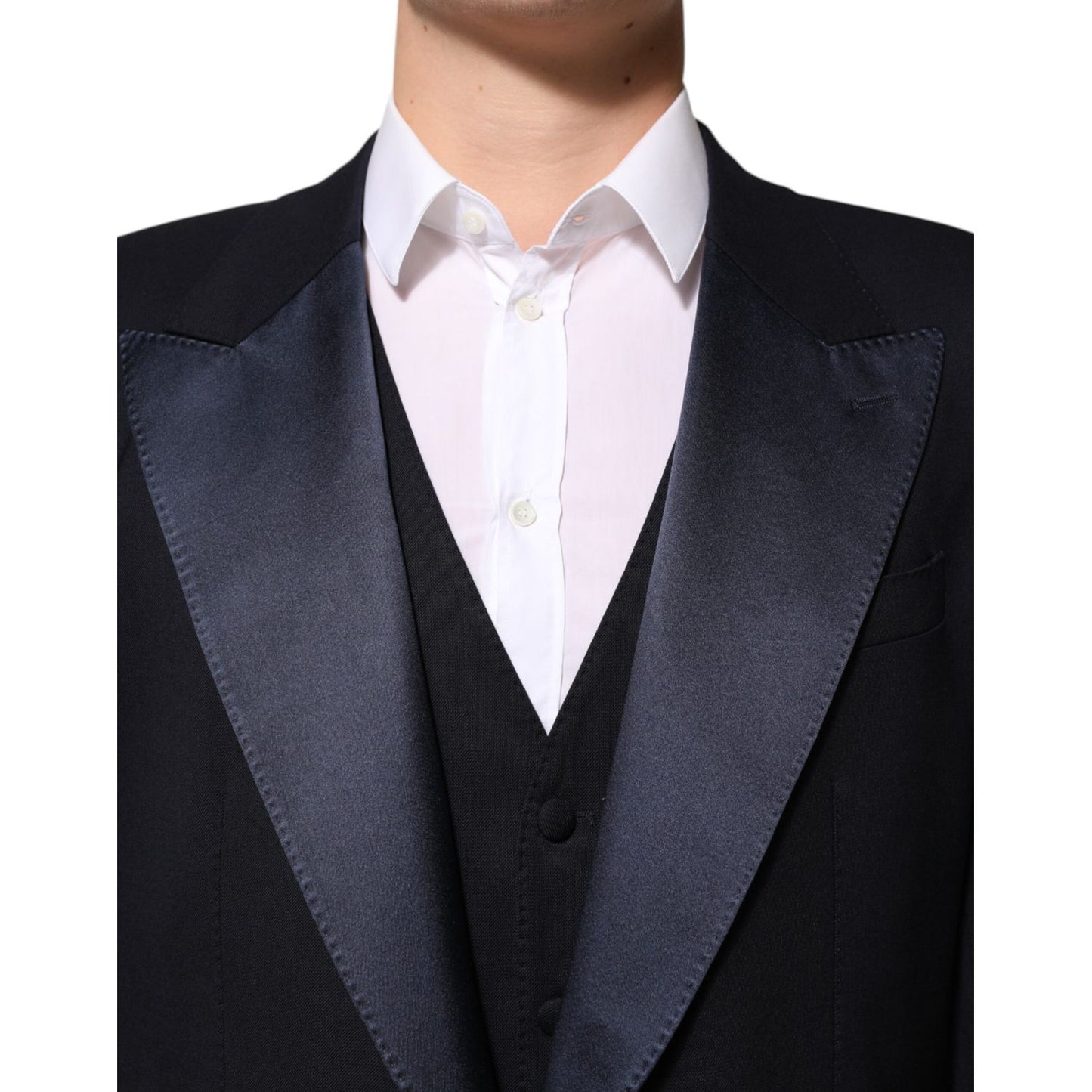 Dolce & Gabbana Black 3 Piece Wool Silk Blend Suit SICILIA with satin peak lapels for formal occasions