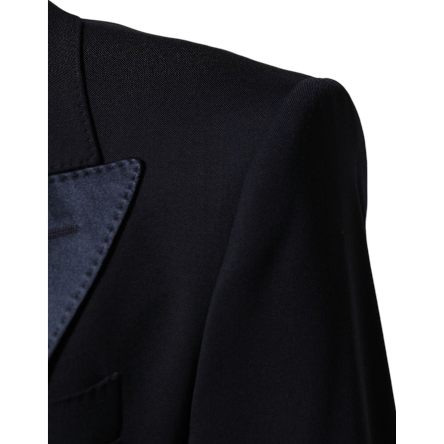 Close-up of Dolce & Gabbana Black 3 Piece Wool Silk Blend Suit SICILIA focusing on satin peak lapel detail.