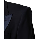 Close-up of Dolce & Gabbana Black 3 Piece Wool Silk Blend Suit SICILIA focusing on satin peak lapel detail.