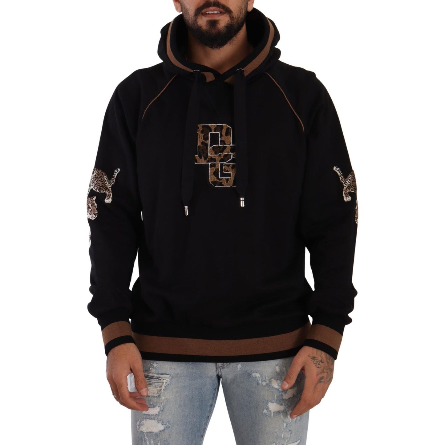 Dolce & Gabbana Black Brown Leopard Cotton Hooded Pullover Sweater Dolce & Gabbana