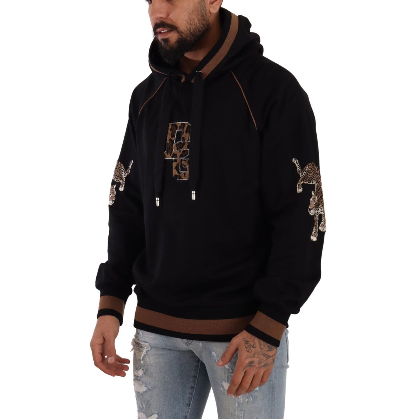 Dolce & Gabbana Black Brown Leopard Cotton Hooded Pullover Sweater Dolce & Gabbana