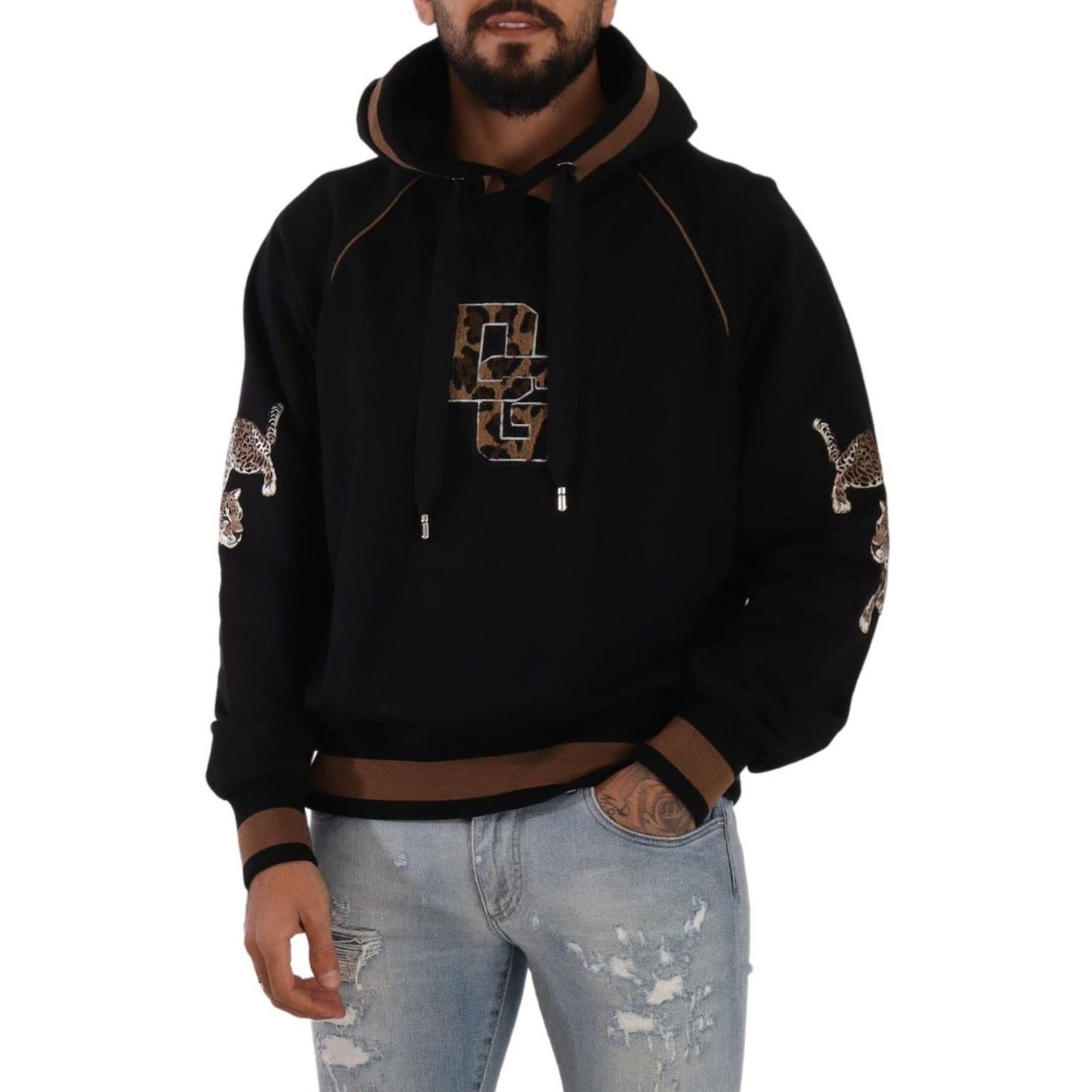 Dolce & Gabbana Black Brown Leopard Cotton Hooded Pullover Sweater Dolce & Gabbana
