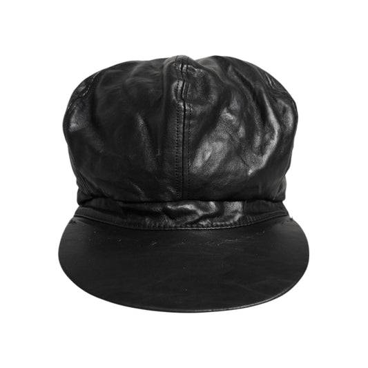 Dolce & Gabbana Black Calf Newsboy Capello Cabbie Hat, luxury women's leather hat with logo details, made in Italy, minor defect present.
