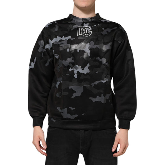 Dolce & Gabbana Black Camouflage Round Neck Sweatshirt Sweater featuring sleek black design with bold camo pattern, premium materials.