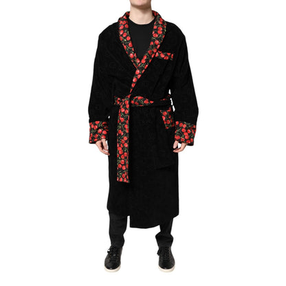Dolce & Gabbana Black Cherry Print Wrap Robe Men Coat Jacket Dolce & Gabbana