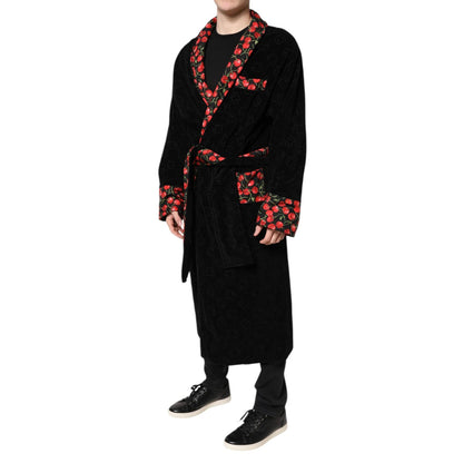 Dolce & Gabbana Black Cherry Print Wrap Robe Men Coat Jacket Dolce & Gabbana