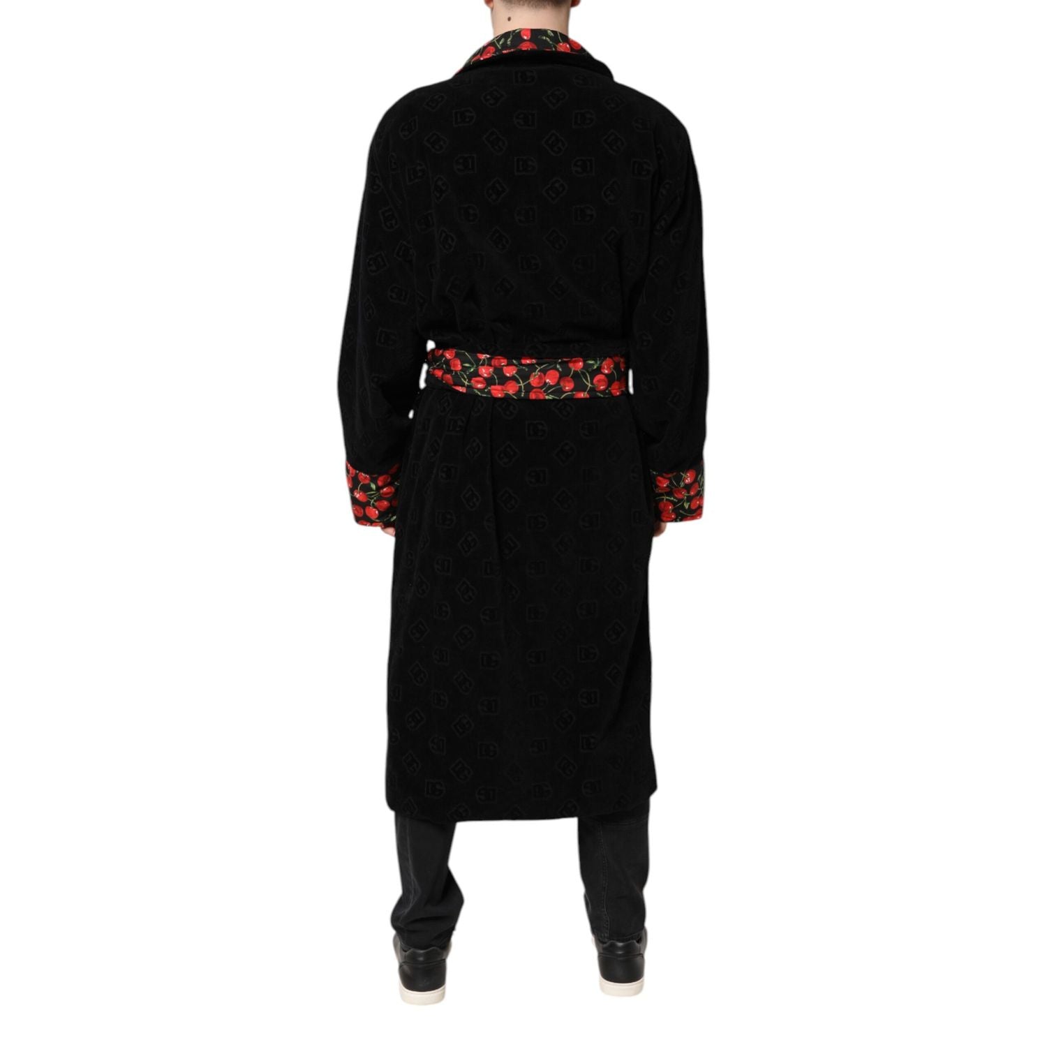 Dolce & Gabbana Black Cherry Print Wrap Robe Men Coat Jacket