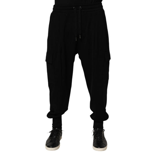 Dolce & Gabbana Black Cotton Blend Cargo Joggers Drawstring Pants with elastic waistband and side flap cargo pockets, front view.