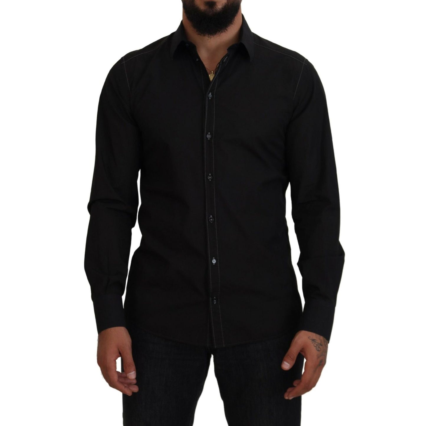 Dolce & Gabbana Black Cotton Collared Long Sleeve GOLD Shirt Dolce & Gabbana