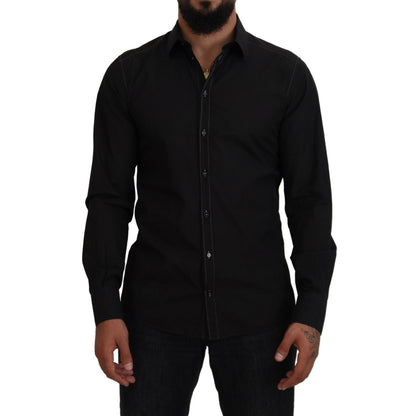 Dolce & Gabbana Black Cotton Collared Long Sleeve GOLD Shirt Dolce & Gabbana