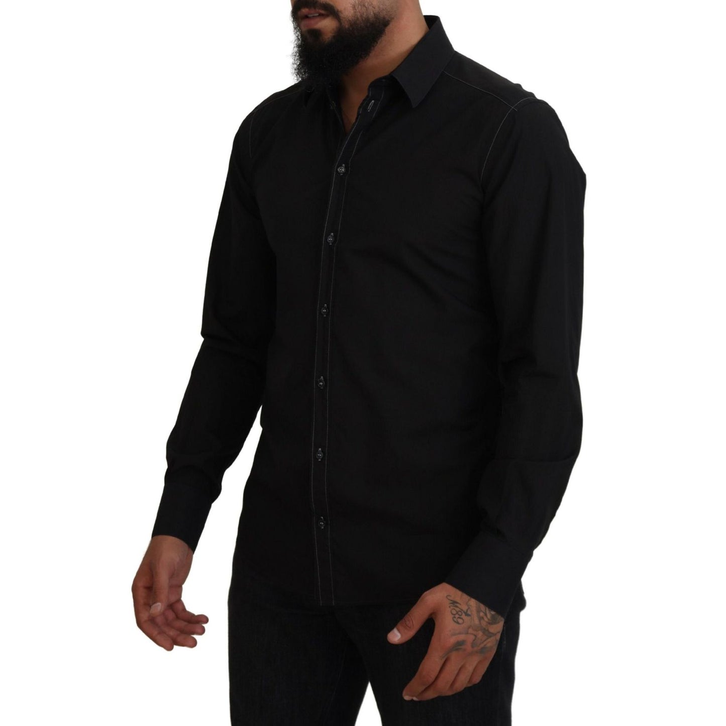 Dolce & Gabbana Black Cotton Collared Long Sleeve GOLD Shirt Dolce & Gabbana