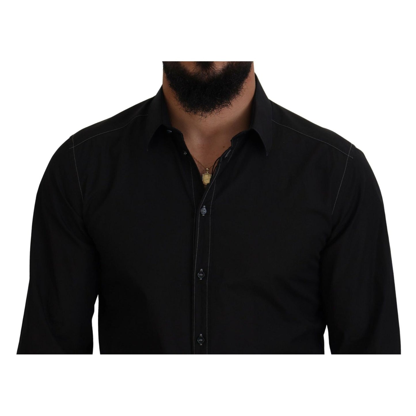 Dolce & Gabbana Black Cotton Collared Long Sleeve GOLD Shirt Dolce & Gabbana