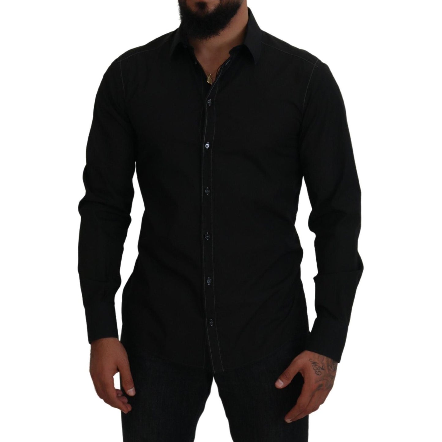 Dolce & Gabbana Black Cotton Collared Long Sleeve GOLD Shirt Dolce & Gabbana