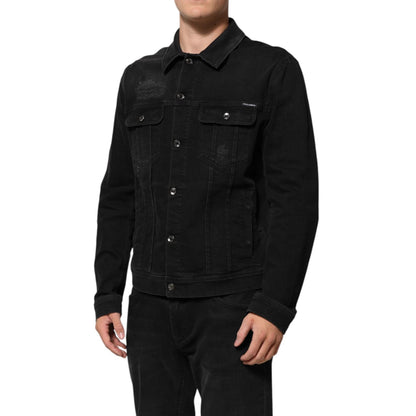 Dolce & Gabbana Black Cotton Denim Stretch Button Up Jacket with flap pockets, black color, made in Italy, worn by a model.