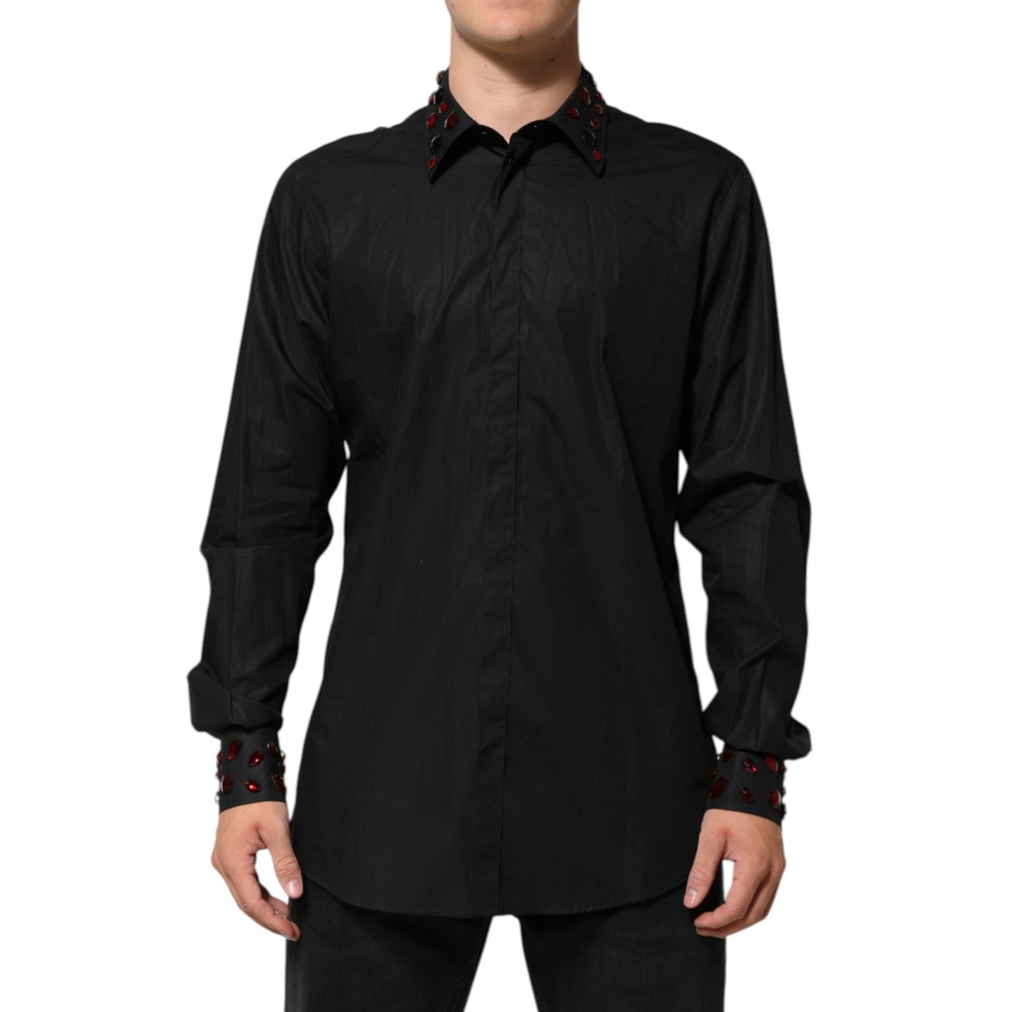 Dolce & Gabbana Black Cotton Embellished Collar Men’s Shirt