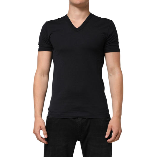 Dolce & Gabbana Black Cotton Plain V-Neck Men Shirt T-shirt featuring soft material and regular fit.