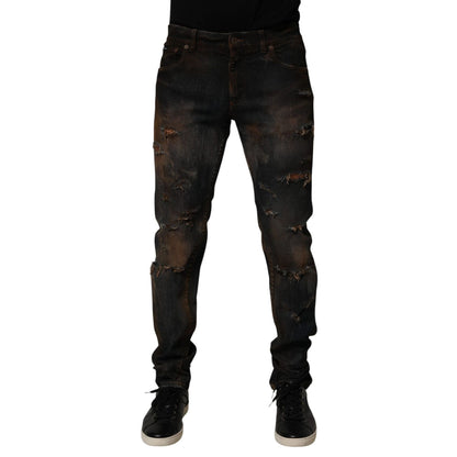 Dolce & Gabbana Black Cotton Skinny Tattered Men Denim Jeans Dolce & Gabbana