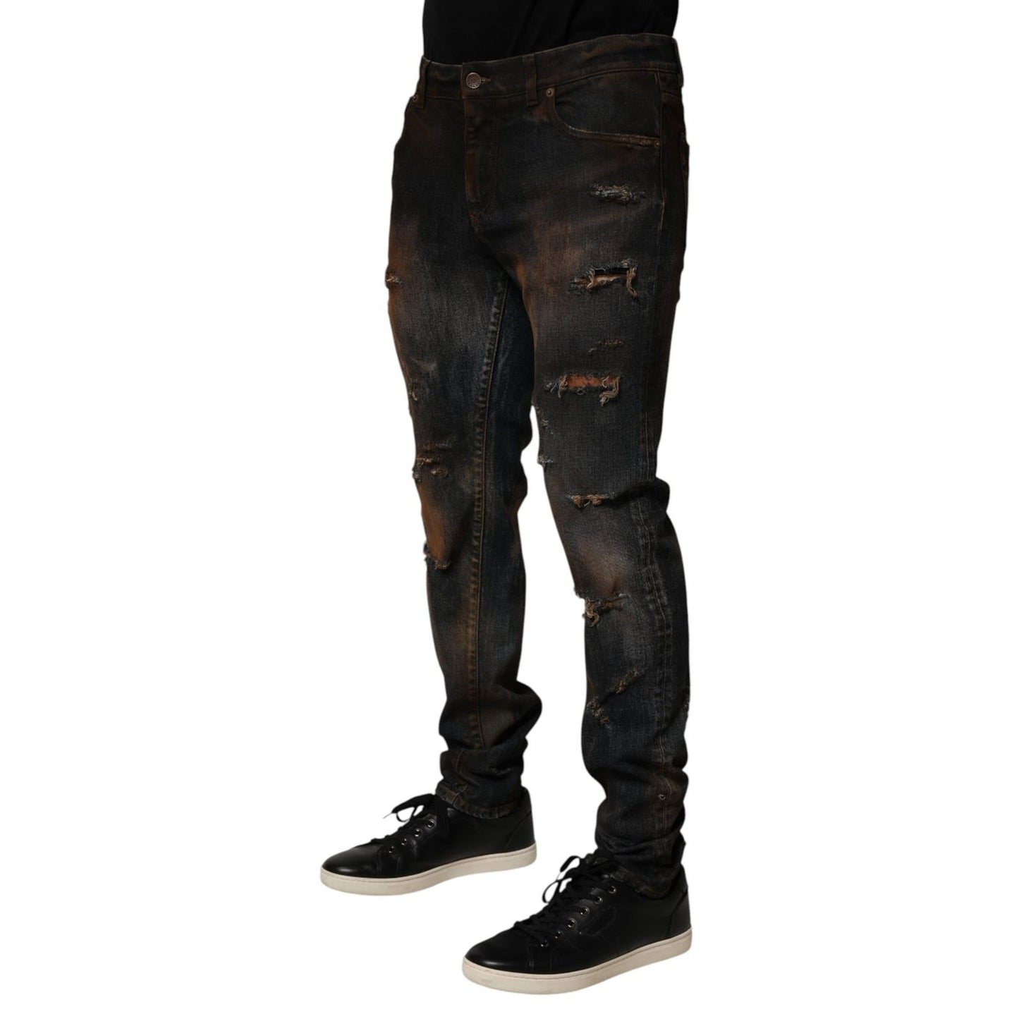 Dolce & Gabbana Black Cotton Skinny Tattered Men Denim Jeans Dolce & Gabbana