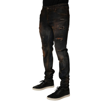Dolce & Gabbana Black Cotton Skinny Tattered Men Denim Jeans Dolce & Gabbana