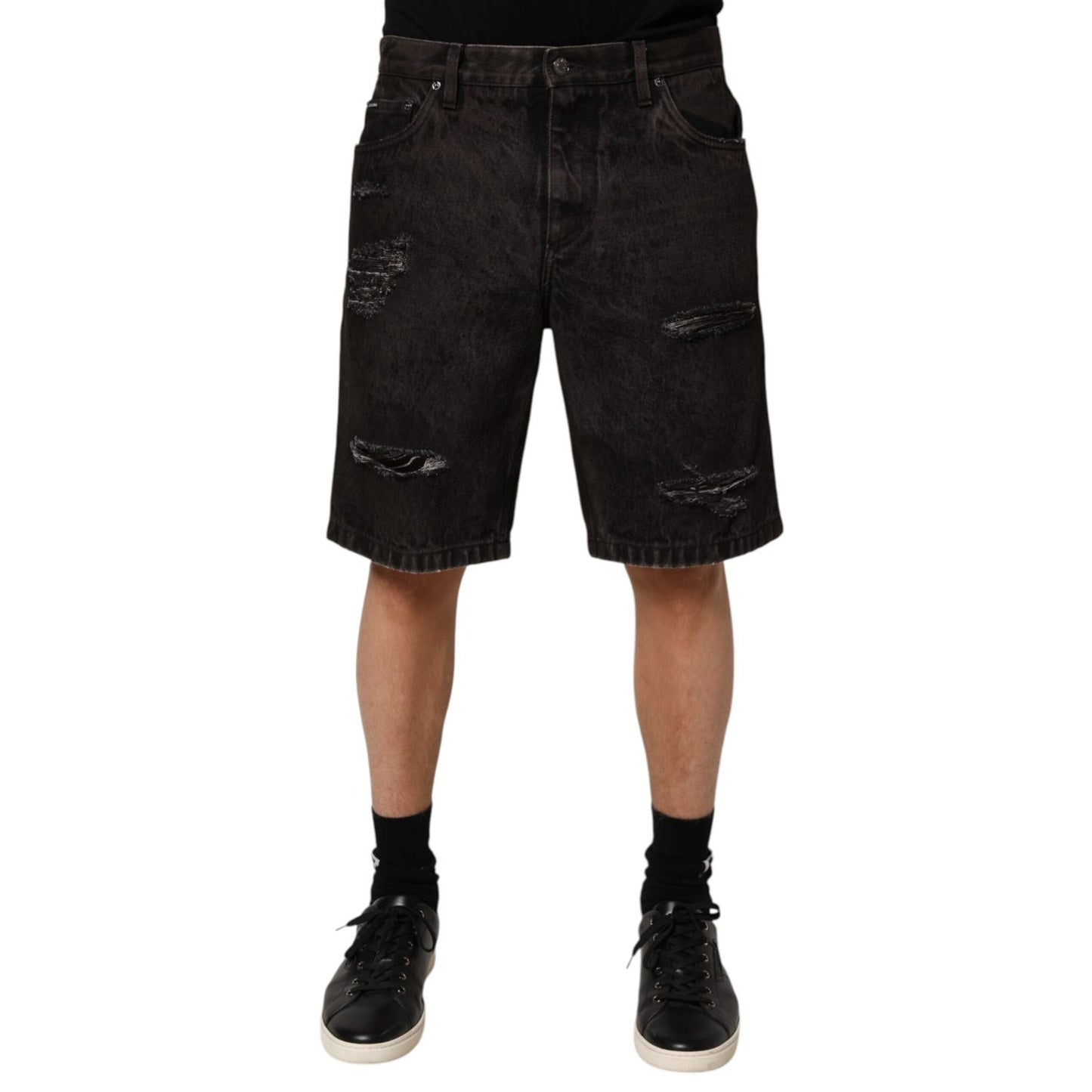 Dolce & Gabbana Black Cotton Tattered Denim Men Bermuda Short Dolce & Gabbana