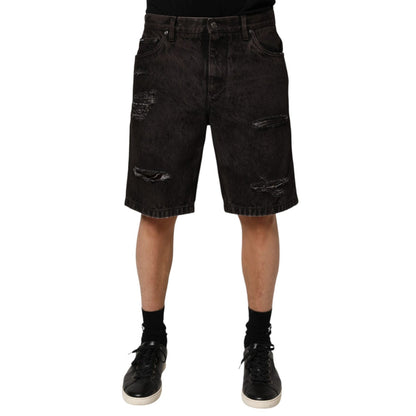 Dolce & Gabbana Black Cotton Tattered Denim Men Bermuda Short Dolce & Gabbana
