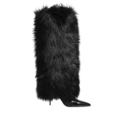 Dolce & Gabbana Black Faux Fur Pointed Knee High Stiletto Boots Shoes Dolce & Gabbana