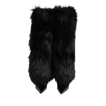 Dolce & Gabbana Black Faux Fur Pointed Knee High Stiletto Boots Shoes Dolce & Gabbana