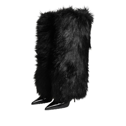 Dolce & Gabbana Black Faux Fur Pointed Knee High Stiletto Boots Shoes Dolce & Gabbana